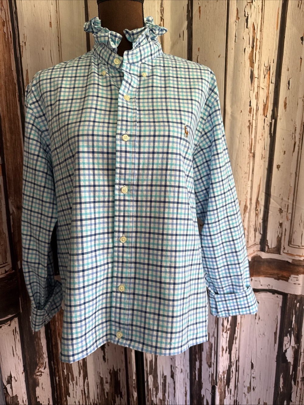 Reworked upcycled ruffle large multi color plaid shirt see details